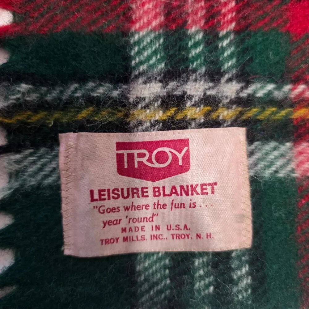 Vintage Troy Mills Plaid Wool Blend Throw Blanket 50x50 USA Made‎ Fringe Tartan
